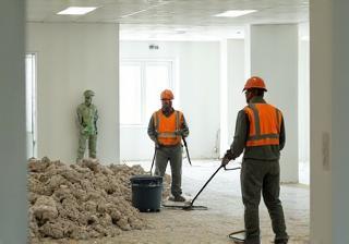 Equipe realizando limpeza pesada em obra recém-finalizada